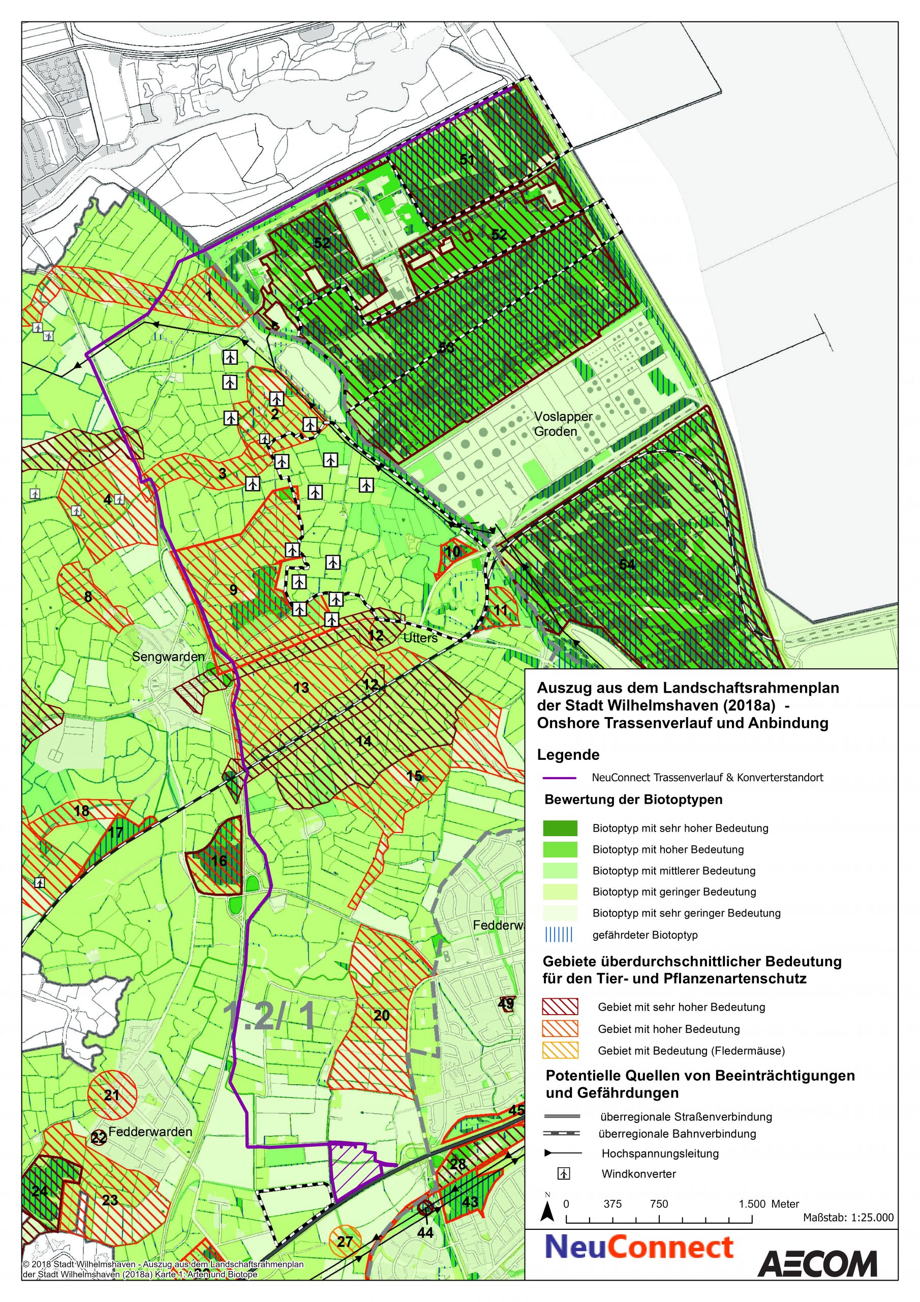 Auszug aus dem Landschaftsrahmenplan der Stadt Wilhelmshaven (2018a) mit eingezogenem beantragten Verlauf der NeuConnect Landtrasse